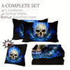 4pcs Blue Flame Skull Comforter Set, Halloween Theme Quilted Bedding, Stain Resistant Lightweight Fluffy Duvet Cover with 2 Pillow Shams, Machine Washable, Polyester, with Digital Print for All Seasons