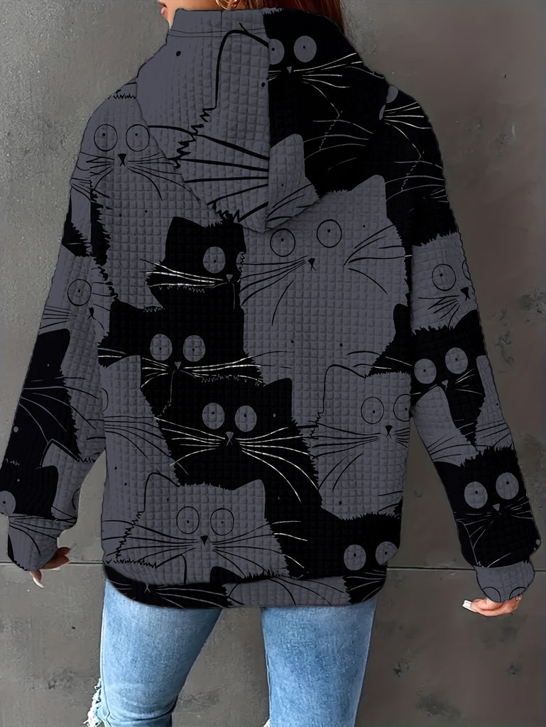 Cat Print Hoodie, Drawstring Casual Hooded Sweatshirt For Fall & Spring, Women's Clothing