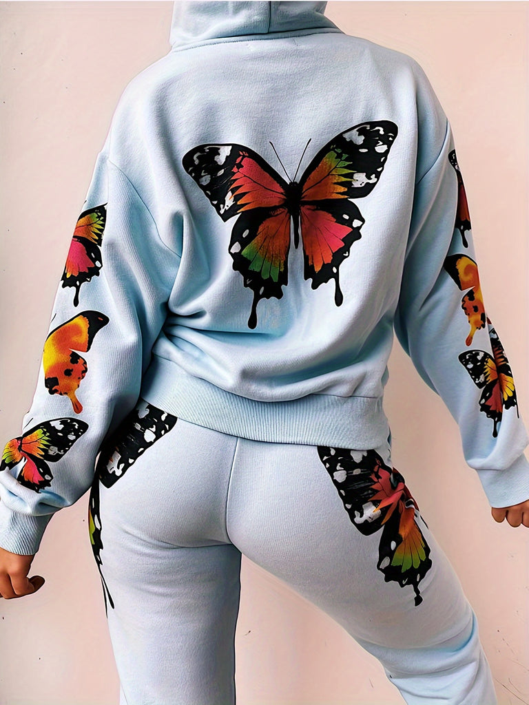 Women'S Polyester Crew Neck Sports Set, Non-Stretch Woven Fabric, Casual Zip-Up Hoodie and Elastic Joggers with Butterfly Print for All Seasons