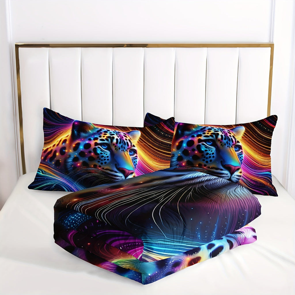 Leopard Comforter Set Rainbow Comforter, Cheetah Printed Bedding Set, Colorful Animal Duvet Set with 1 Comforter and 2 Pillowcases