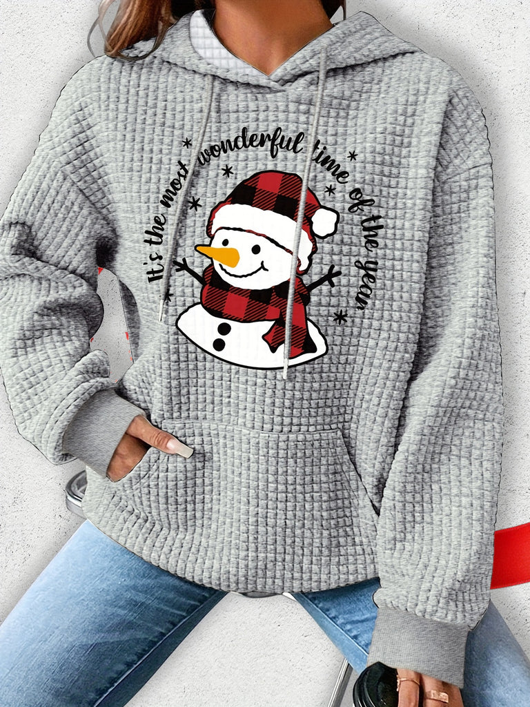 Snowman Print Hoodie, Print Waffle Hoodie, Drawstring Kangaroo Pocket Casual Hooded Sweatshirt For Winter & Fall, Women's Clothing