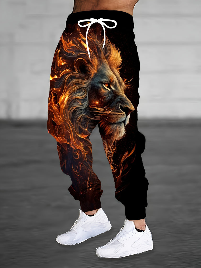 Men's Cool Lion Graphic Jogger Sweatpants With Drawstrings, Casual Loose Fit Sports Trousers As Gift