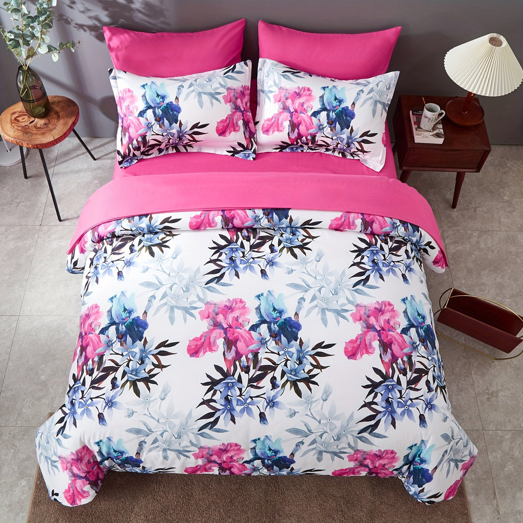 7Pcs Pink And Blue Botanical Flowers Leaves Comforter Set - Stain-Resistant, Soft 100% Microfiber Cover, 100% Polyester Fiber Filling, Woven For Durability - Queen/King Size Bed In A Bag For All Seasons, Floral Print Bedding