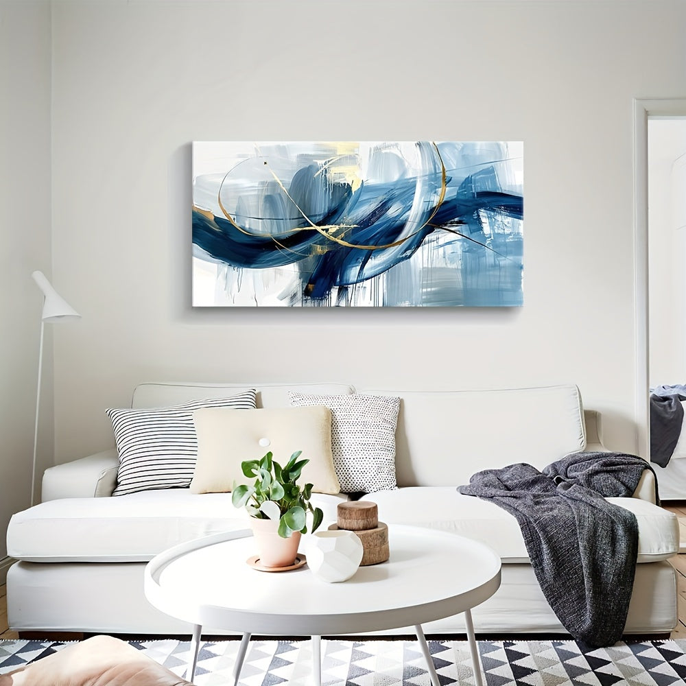 1pc Modern Abstract Canvas Wall Art Vibrant Blue and Golden Lines on White Background Doodled Contemporary Painting for Home Decor Ready to Hang