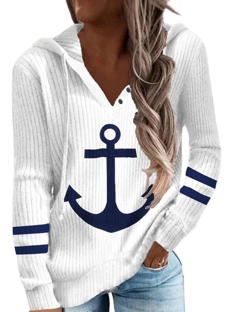 Anchor Print Button Hoodie, Casual Long Sleeve Drawstring Hoodies Sweatshirt, Women's Clothing