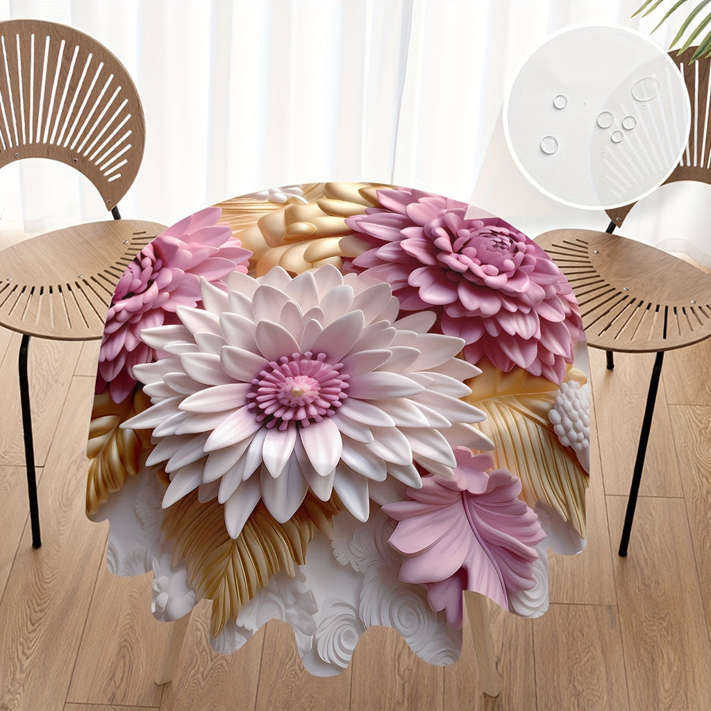 Elegant Golden & Jade Floral 3D Print Round Tablecloth - Stain & Waterproof, Perfect for Parties, Home Kitchens, Banquets & Patios