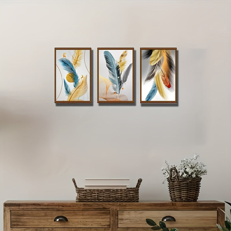 3-Piece Framed Feather Wall Art Canvas Prints, Modern Abstract Posters for Living Room, Bedroom, Office, Restaurant, Bathroom, Nursery, Home Decor, Horizontal Feather Oil Paintings, 16x24 inches.