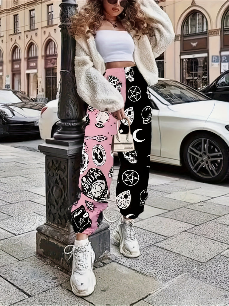 Skull Print Fitted Bottom Joggers - Casual Sporty Pants For Spring & Summer - Women's Clothing - Soft & Breathable Fabric - Perfect for Active Women - Ideal Gift for Fashionable Teens