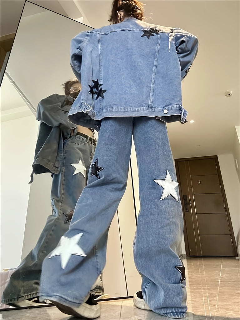 Y2K-Inspired Star Pattern Baggy Jeans for Women & Teens - Low Rise, Vintage Aesthetic Streetwear Denim Pants with Stretch, Machine Washable