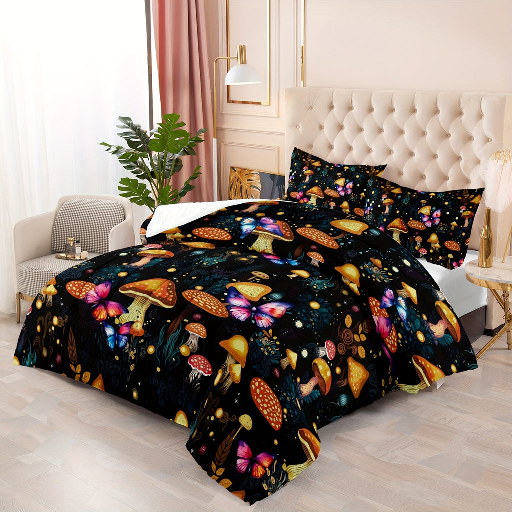 Mushroom Comforter Sets for Teens Boys Girls Natural Wild Fungus Bedding Sets Botanical Plants Duvet Set with 3D Printed Bedding, 1 Comforter with 2 Pillowcases