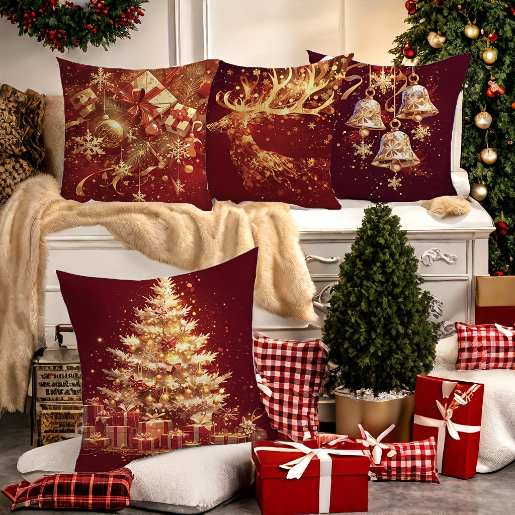 4-Pack Contemporary Christmas Throw Pillow Covers 18x18 Inch, Hand Washable Polyester Cushion Cases with Zipper Closure for Living Room Couch and Bed Decoration, Festive Print Design - No Insert