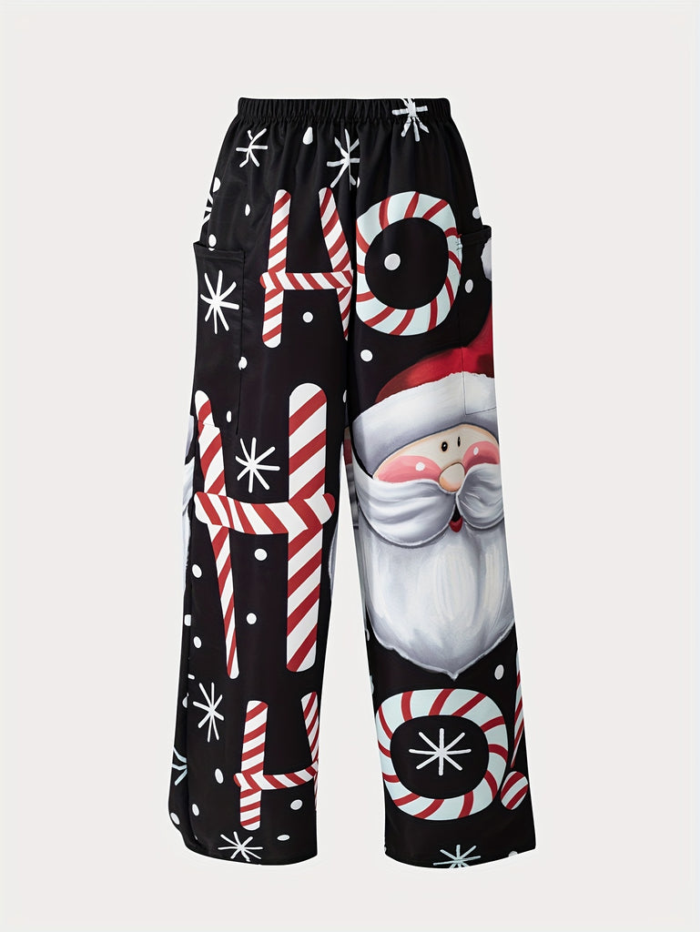 Christmas Print Wide Leg Pants, Casual Elastic Waist Pants With Pocket, Women's Clothing