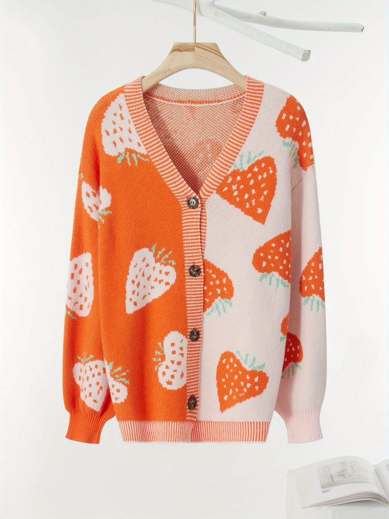 Chic Strawberry Print Button-Up Cardigan - Cozy V-Neck Long Sleeve Knit Sweater for Women, Perfect for Fall & Winter