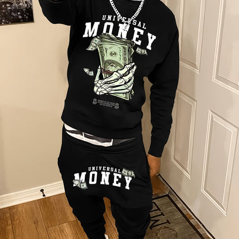 1 Set Men'S Casual Polyester Crew Neck Sweatshirt and Joggers with Money Print, Slight Stretch Knit Fabric, Loose Fit, Fall/Winter Fashion - 95% Polyester, 5% Elastane