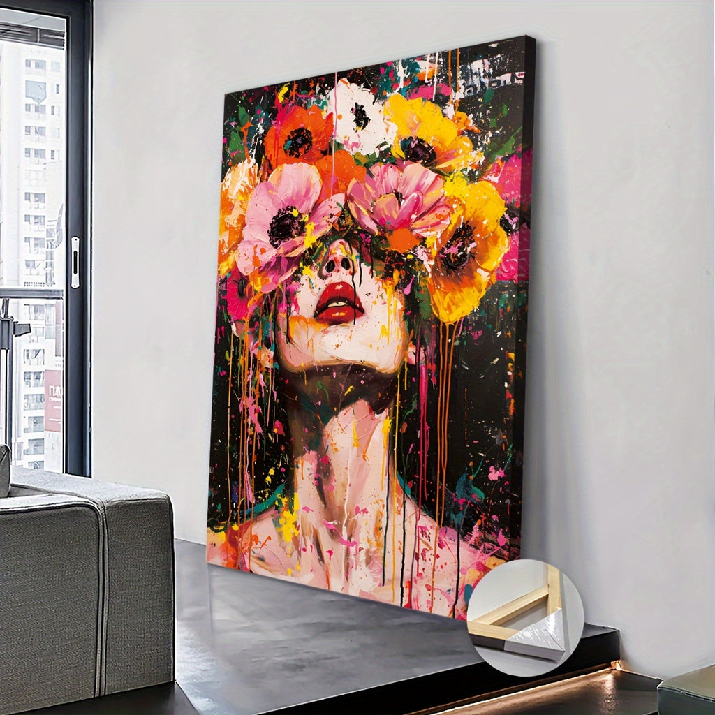 Extra Large Abstract Woman with Flowers Canvas Wall Art - Modern Wooden Framed Decor for Living Room, Bedroom, Home Office - Ready to Hang, Lady Wall Decor