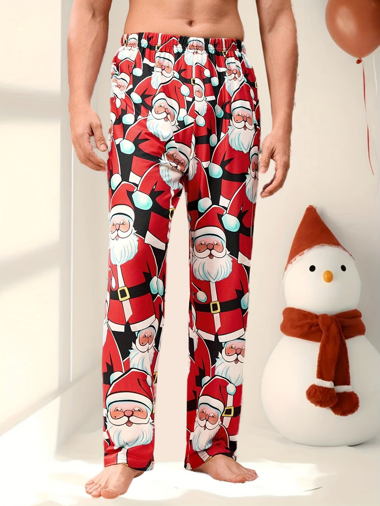 Men's Trendy Christmas Santa Claus Print Loose Pajama Trousers, Stylish All-match Pants, Comfy & Skin-friendly Daily Home Pants