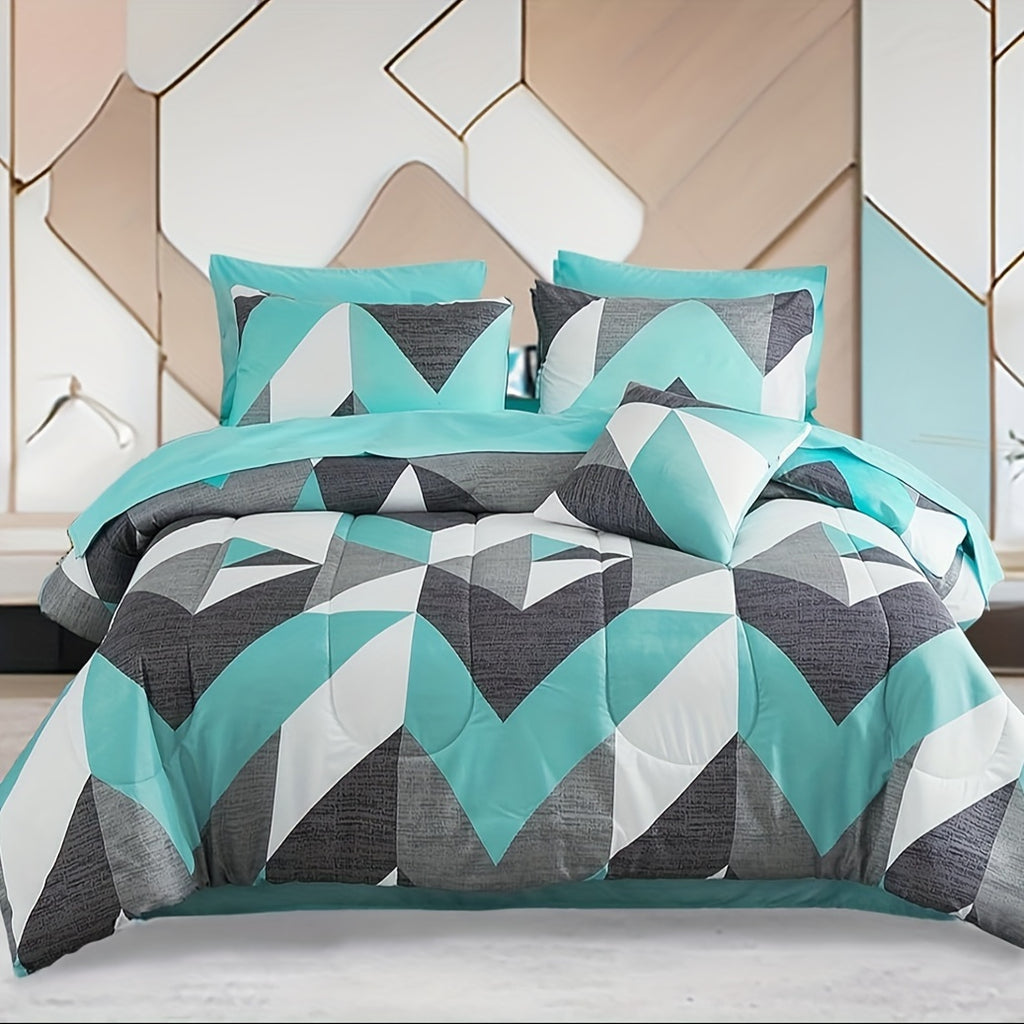 8 Pieces Teal Comforter Set Queen Size Bed In A Bag Set Geometric Bedding Quilt Set Luxury Chevron Printed Teal And Grey Bedding Down Alternative Comforter Soft Microfiber Turquoise Comforter With 200g Microfiber Filling Lightweight For All Seasons