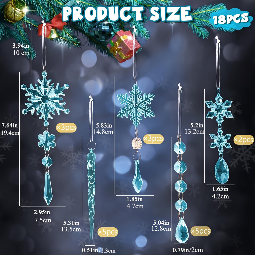 18pcs Christmas Ornament Set - Acrylic Snowflakes & Icicles with Crystal Pendants, Shimmering Light Blue, No Power Needed - Perfect for Tree Decoration, Holiday Parties & Seasonal Celebrations