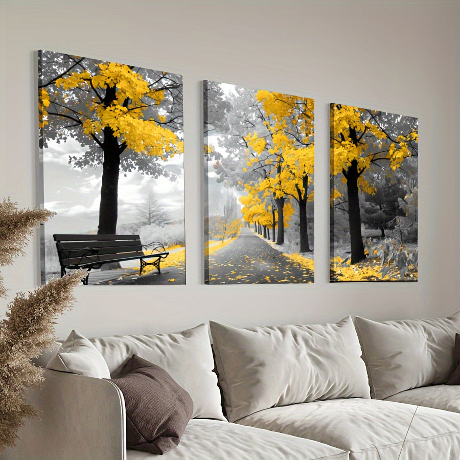 3pcs/set Yellow Tree And Black And White Background Framed Canvas Poster, Modern Wall Art for Bedroom, Living Room, and Corridor, Ideal Decor and Room Decoration Gift