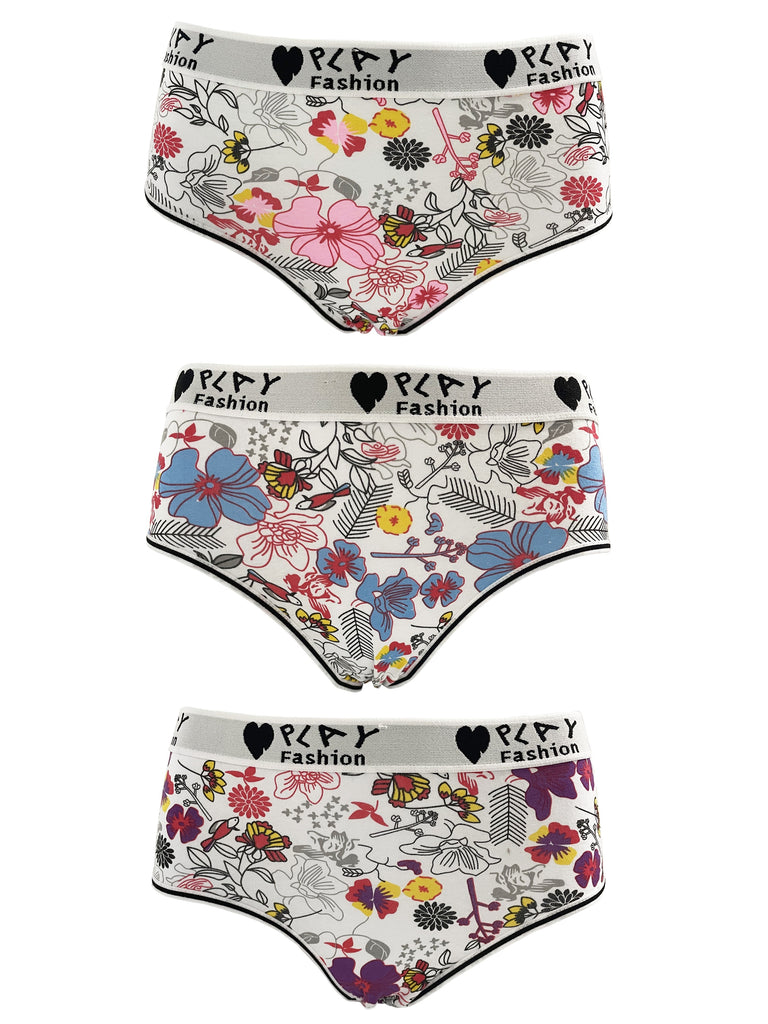 3 Pcs Comfy Floral Print Briefs, Stretchy Cotton Intimates Panties with Letter & Heart Decor, Breathable Women's Lingerie & Underwear