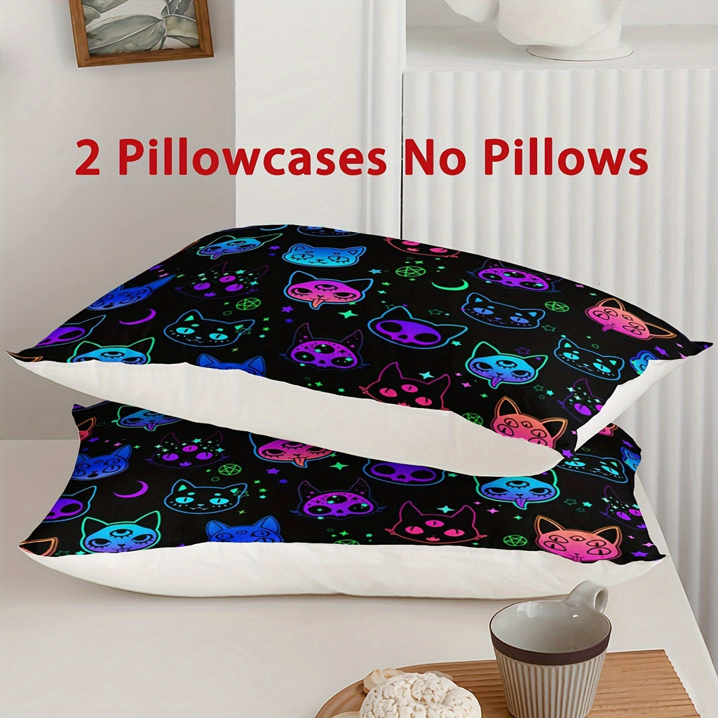 3pcs Neon Cat Print Comforter Set, Soft Comfortable Comfortable Bedding Set, For Bedroom Guest Room Dorm (1*Comforter + 2*Pillowcase, Without Core)