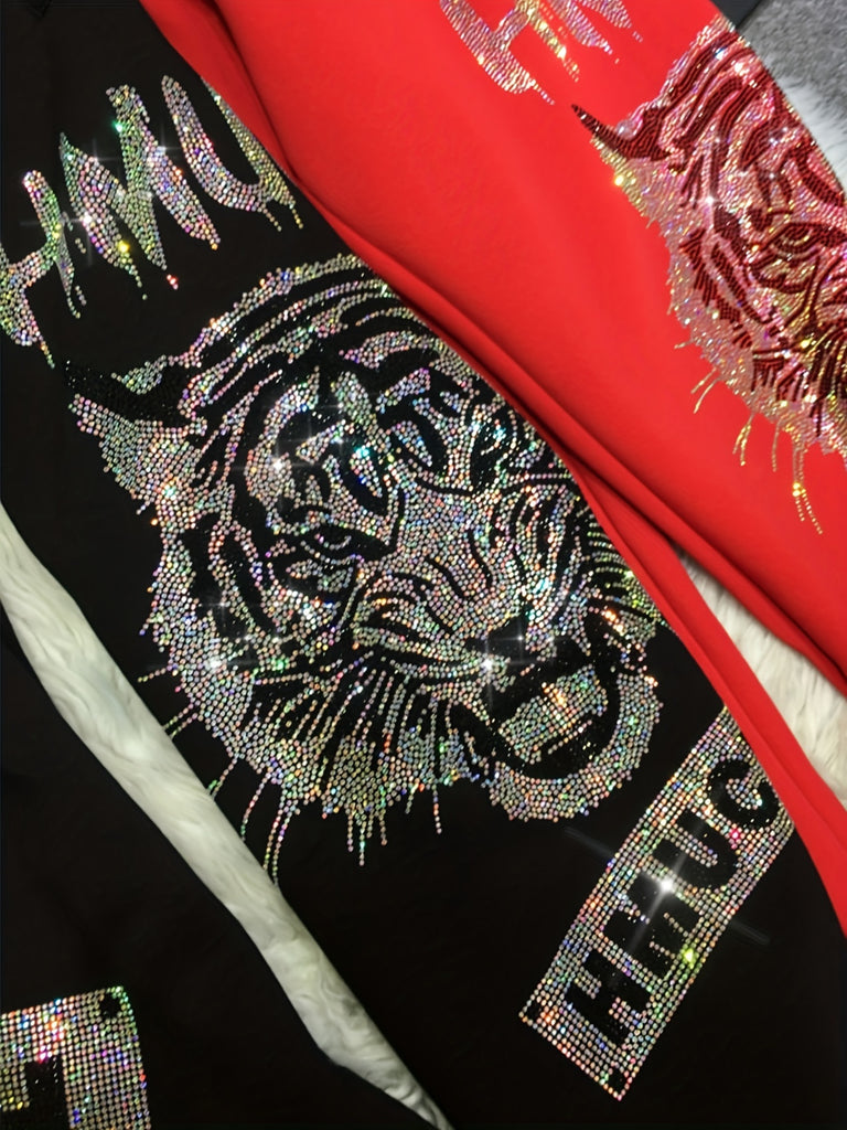 Womens Sweatpants With Pocket - Tiger Rhinestone Graphic, Oversized, Joggers, Elastic Waist, Drawstring, Cropped Length, Comfortable, Elastic Ankle Cuffs, Relaxed Fit - For Women - Suitable for Casual Wear, Loungewear, Sports - Perfect Gift