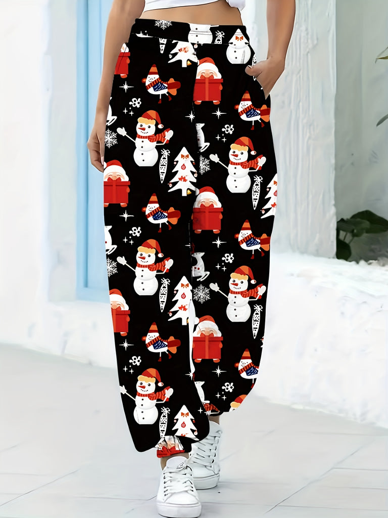 Cozy Christmas Reindeer Print Women's Jogger Pants, Elastic Waist Loose Fit with Pocket, Casual Holiday Wear