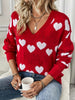 Heart Pattern V Neck Eyelet Sweater, Casual Drop Shoulder Long Sleeve Sweater For Fall & Winter, Women's Clothing