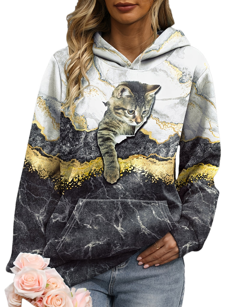 Cat Print Kangaroo Pocket Hoodie, Casual Long Sleeve Hoodies Sweatshirt, Women's Clothing