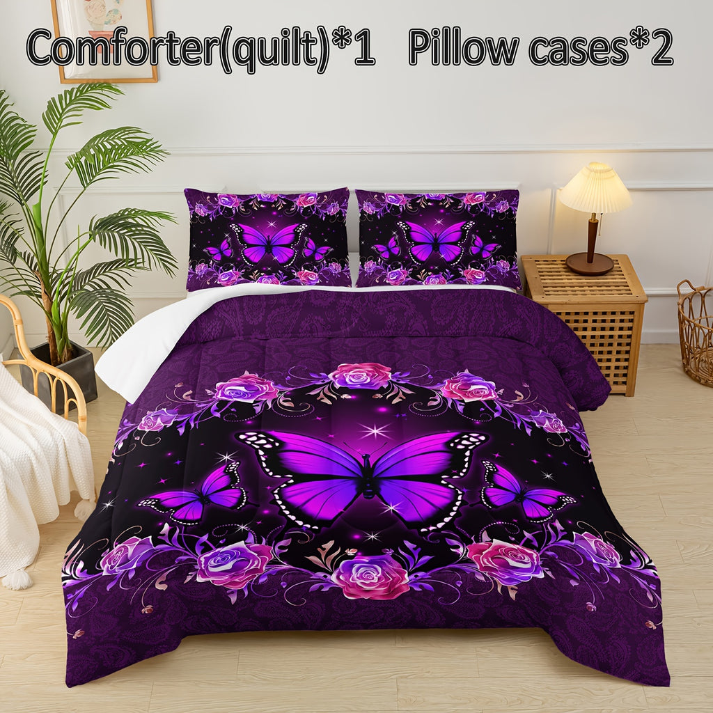 3pcs Butterfly Comforter Set, Purple Flowers Floral Print Bedding Set with 1 Comforter 2 Pillowcases for Women All Season (Without Core)