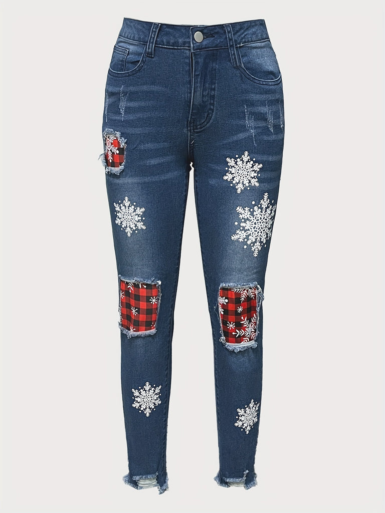 [Customer Favorite] Women's Festive Snowflake & Plaid Patchwork Ripped Jeans - High Stretch, Machine Washable Denim for All Seasons