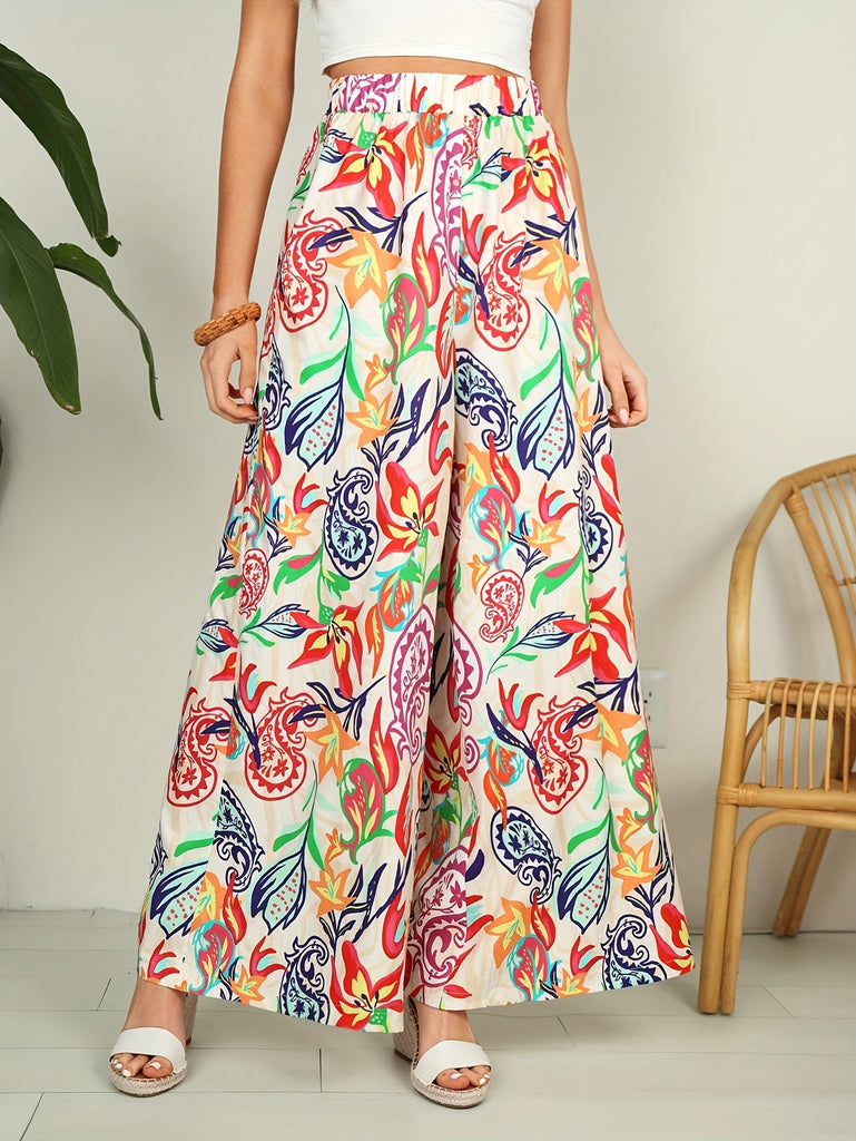 Stylish Paisley Print Wide Leg Pants - Women's High Waist Elastic Casual Pants for Spring & Summer - Comfortable, Breathable, and Fashionable Clothing for Ladies