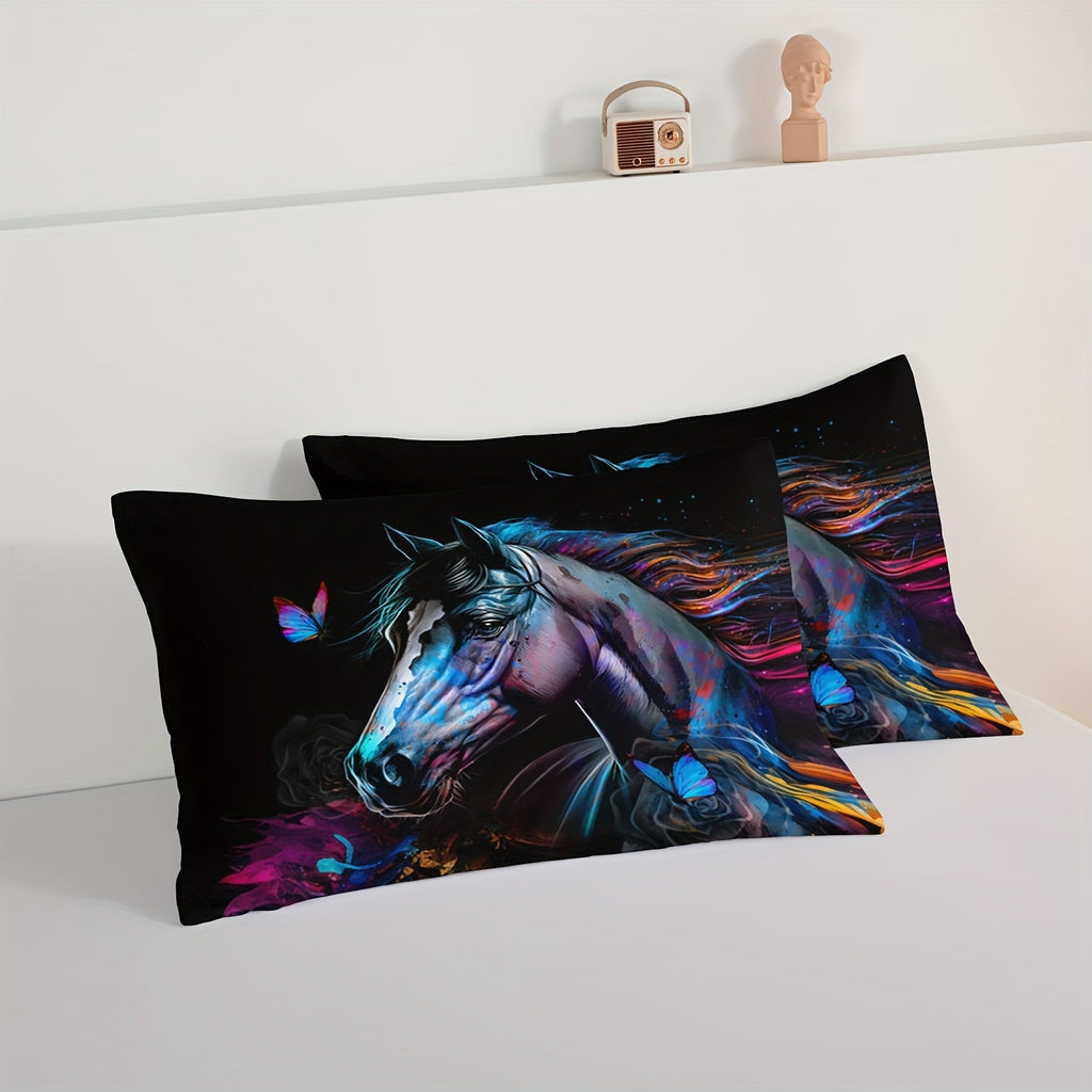 3Pcs Modern Fashion Polyester Comforter Set (1 * Comforter + 2 * Pillowcases, Pillow Core Not Included), Art Horse Butterfly Floral Print Bedding Set, Soft And Comfortable Skin-friendly Comforter For Bedroom, Guest Room.
