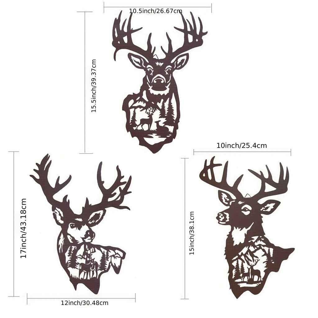 Set Of 3pcs, 17 Inch Large Metal Deer Wall Art Decor, Rustic Cabin Decor, Hunting Decor For Home Bathroom Bedroom Lodge, Deer In The Forest Pine Tree