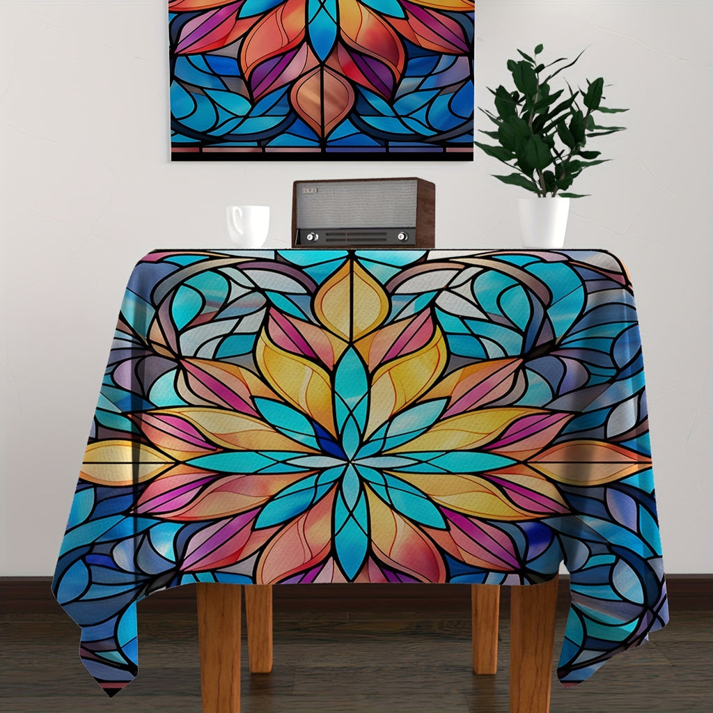 Chic Blue Floral Waterproof Tablecloth - Handmade Polyester, Square Shape for Kitchen & Dining Room Decor