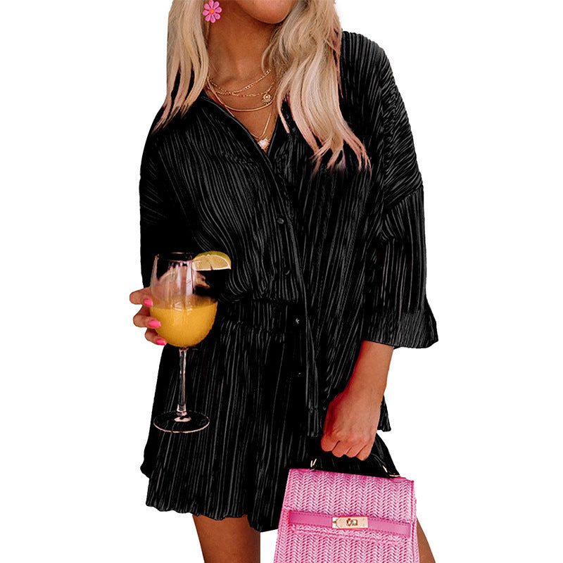 Women's Pleated Textured Cloth Suit Loose Solid Color Shorts Two-piece Set