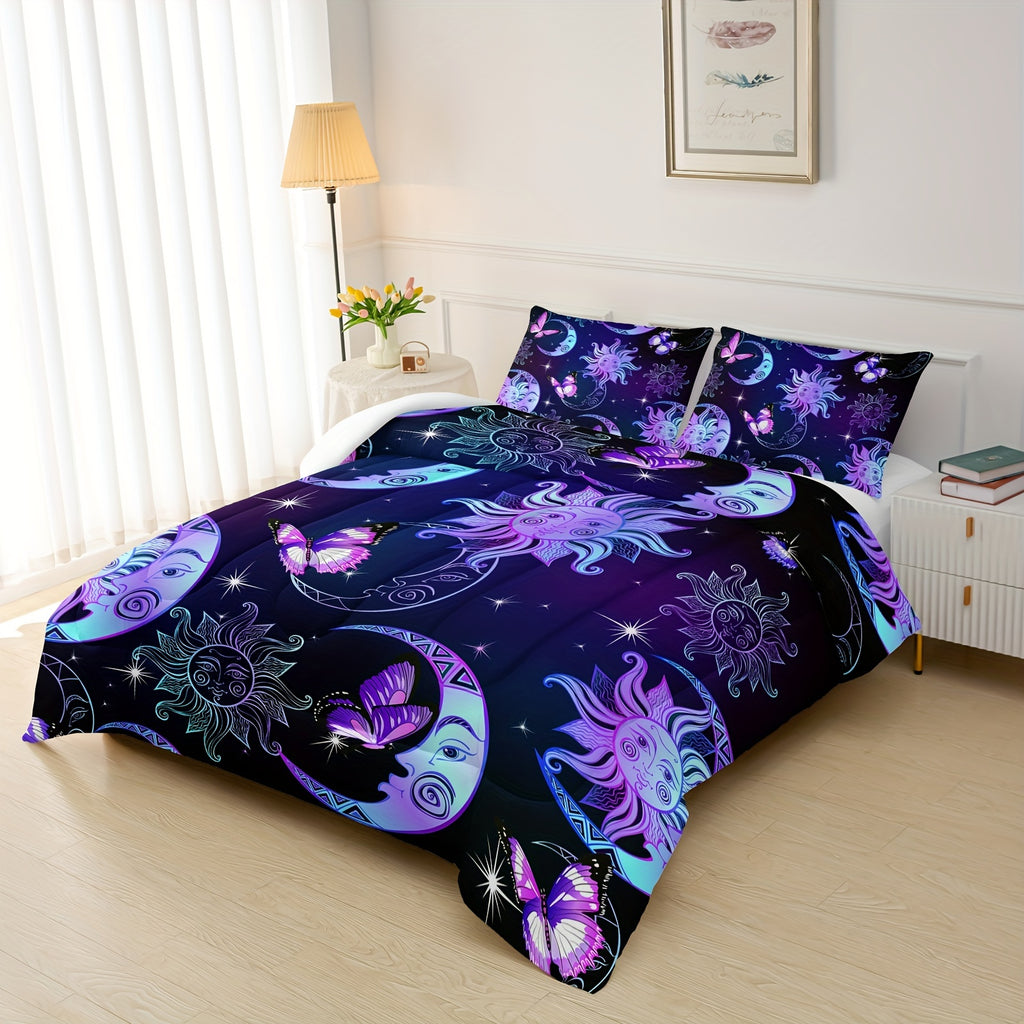 Sun And Moon Comforter Set, Butterfly And Star Bedding Set, 3D Printed Bohemian Gothic Duvet With 2 Pillowcases