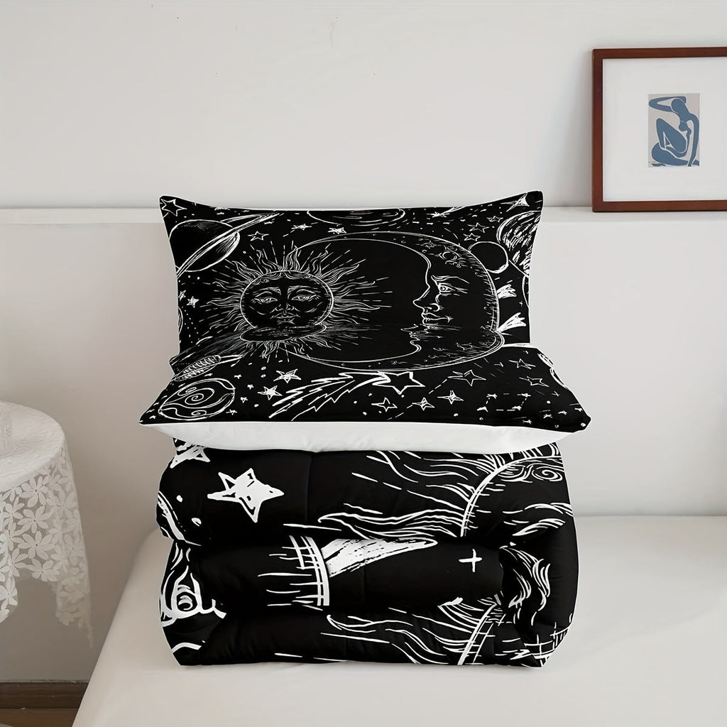 2/3Pcs Sun And Moon Bedding Set, Bohemian Style Comforter Set For Men Women, Galaxy Comforter Cosmic Celestial Quilt Set 1 Comforter With 1/2 Pillowcase, Room Dormitory Decor, All Season Lightweight Soft Warm, Christmas Gifts Decoration Ornaments