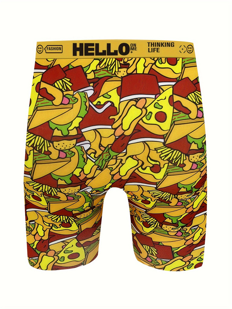 3/5pcs random, creative food graffiti printing, long boxer shorts, breathable, comfortable and high elastic, long boxer swimwear, sports shorts, Men's novel underwear