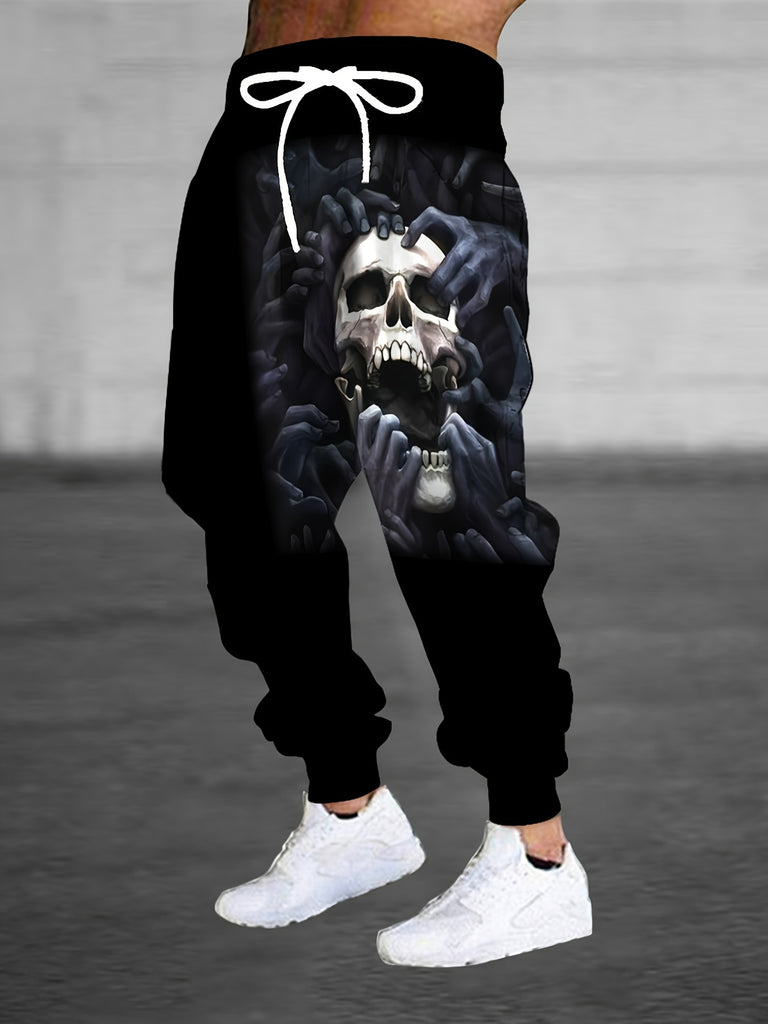 Men's Halloween Themed Skull & Hands Print Jogger Pants With Drawstring, Casual Sports Trousers As Gift