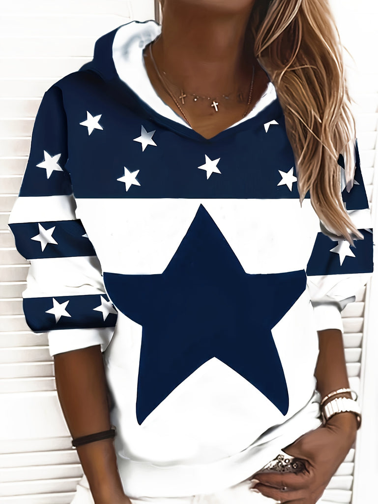 Star Print Drawstring Hoodie, Casual Long Sleeve Hoodie Sweatshirt, Women's Clothing