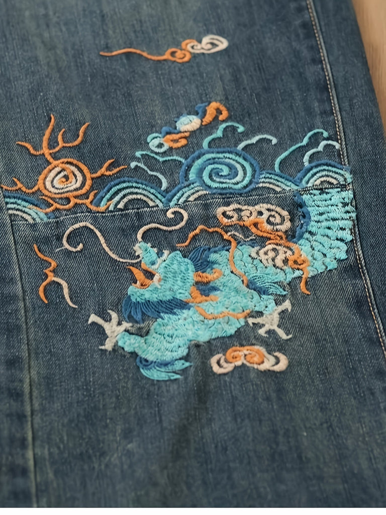 Casual Dragon Embroidery Baggy Jeans For Women - Soft, Comfortable, Versatile, Flattering And Casual Straight Leg Baggy Pants For Everyday Wear, Practical Pockets