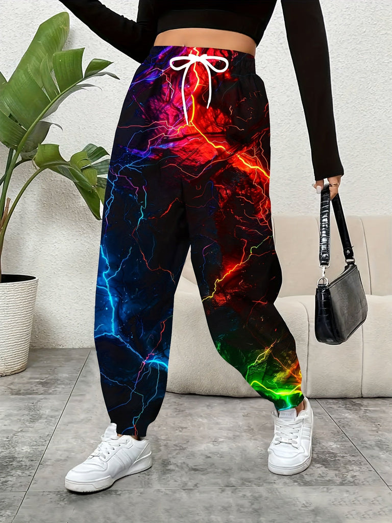Lightning Print Elastic Waist Sporty Pants, Casual Baggy Drawstring With Pockets Pants For Every Day, Women's Clothing