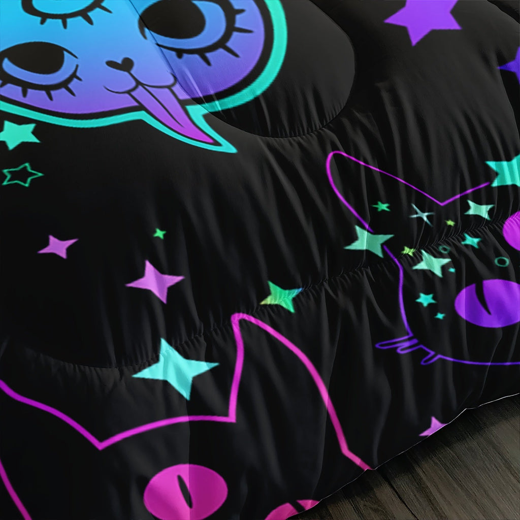 3pcs Neon Cat Print Comforter Set, Soft Comfortable Comfortable Bedding Set, For Bedroom Guest Room Dorm (1*Comforter + 2*Pillowcase, Without Core)