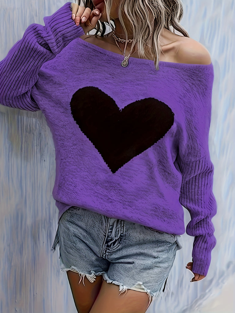 Elegant Women's Heart Pattern Long Sleeve Sweater - Soft Polyester, Round Neck, Perfect for All Seasons