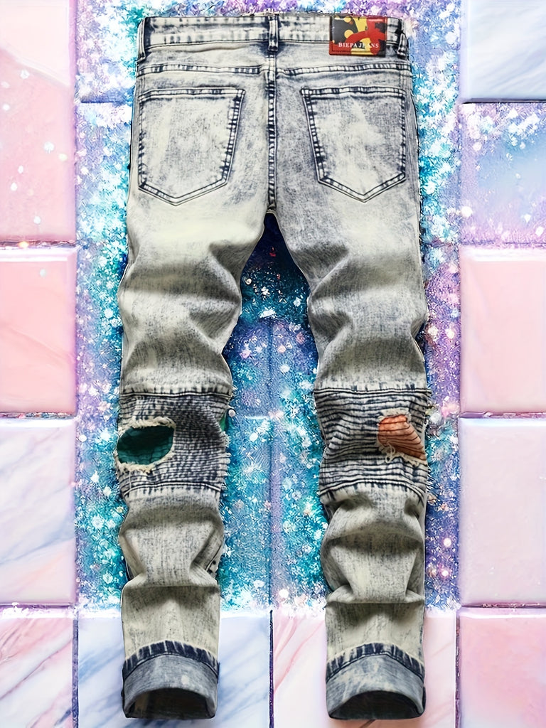 Men's Fashion Ripped Print Patchwork Mid-rise Pants Slim Patchwork Jeans