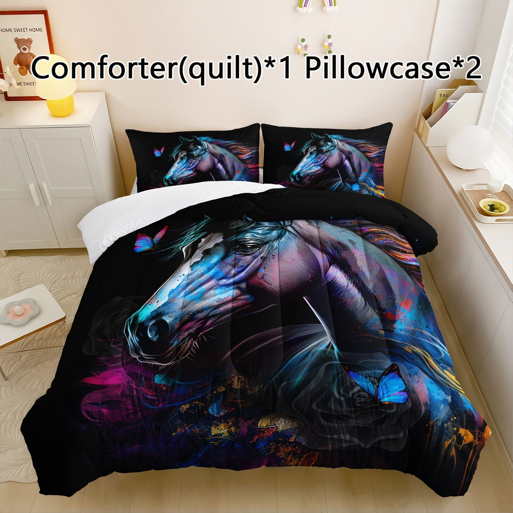 3Pcs Modern Fashion Polyester Comforter Set (1 * Comforter + 2 * Pillowcases, Pillow Core Not Included), Art Horse Butterfly Floral Print Bedding Set, Soft And Comfortable Skin-friendly Comforter For Bedroom, Guest Room.