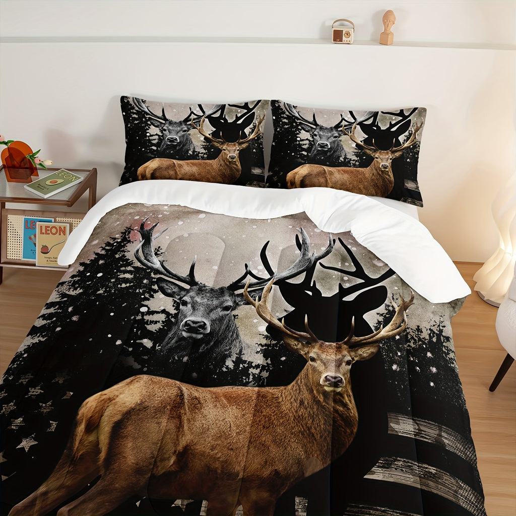 3pcs Fashion Comforter Set (1 * Comforter + 2 * Pillowcase, No Core), Vintage Hunting Theme Forest Deer American Flag Print Bedding Set, Soft And Comfortable Skin-friendly For Bedroom, Guest Room