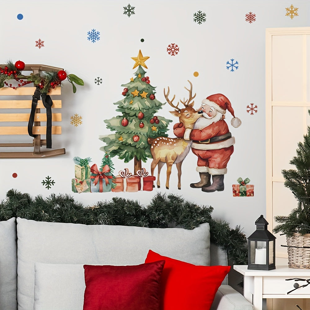 Santa Claus, Christmas Tree & Reindeer Wall Decals - Self-Adhesive Holiday Decor for Bedroom, Living Room & Entryway