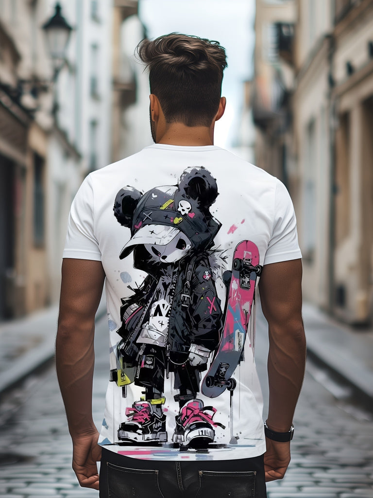 Men's Skateboard Bear Graphic Tee - Breathable Cotton, Crew Neck, Short Sleeve - Perfect for Summer & All-Season Wear